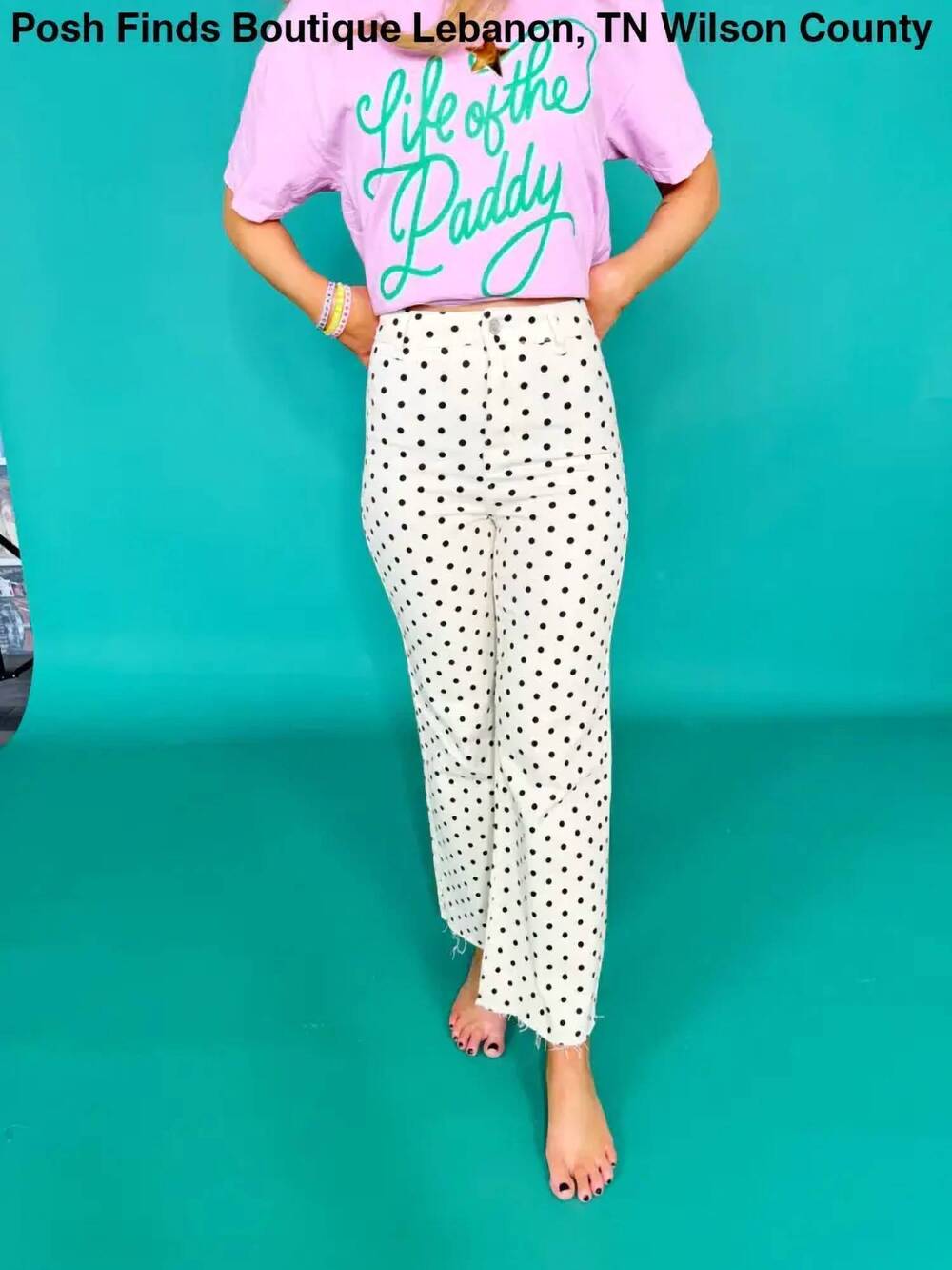 NEW POPPY & PINE women's mini polka dot stretchy denim pants in ivory